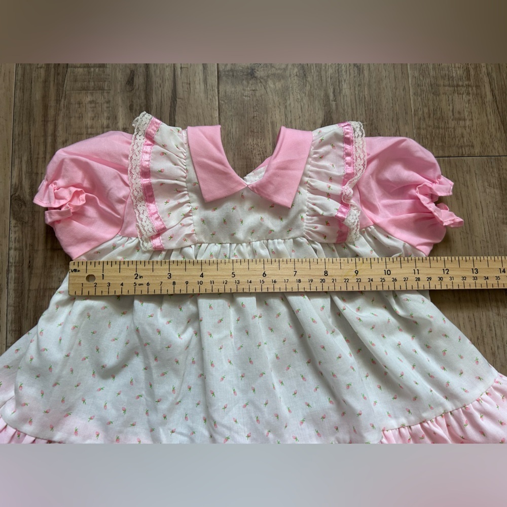 Vintage Adorable Pink and White floral flower ruffle lace ribbon Baby girl Dress - Picture 3 of 4
